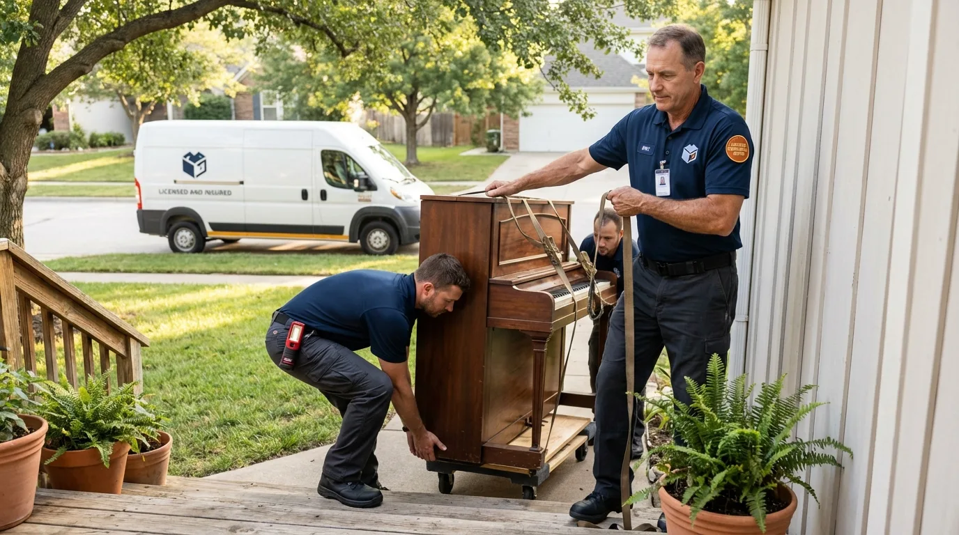 Licensed piano movers securing grand piano in La Quinta, CA