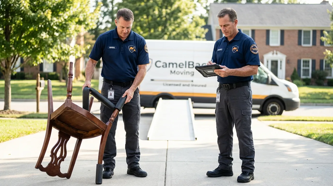 Movers inspecting furniture for damage prevention before loading in La Quinta, CA