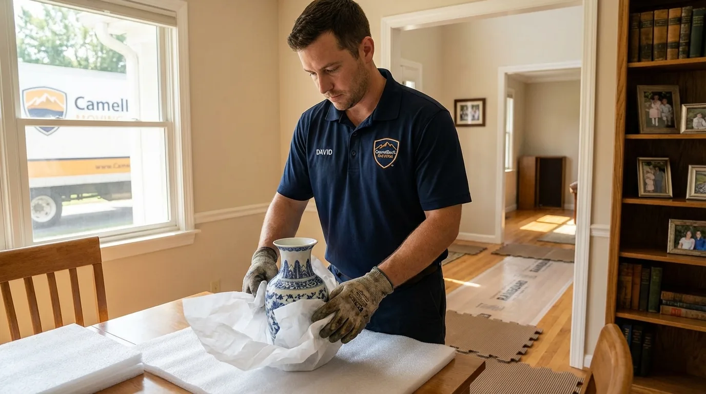 Professional crew carefully wrapping antique vase for senior downsizing move in La Quinta, CA