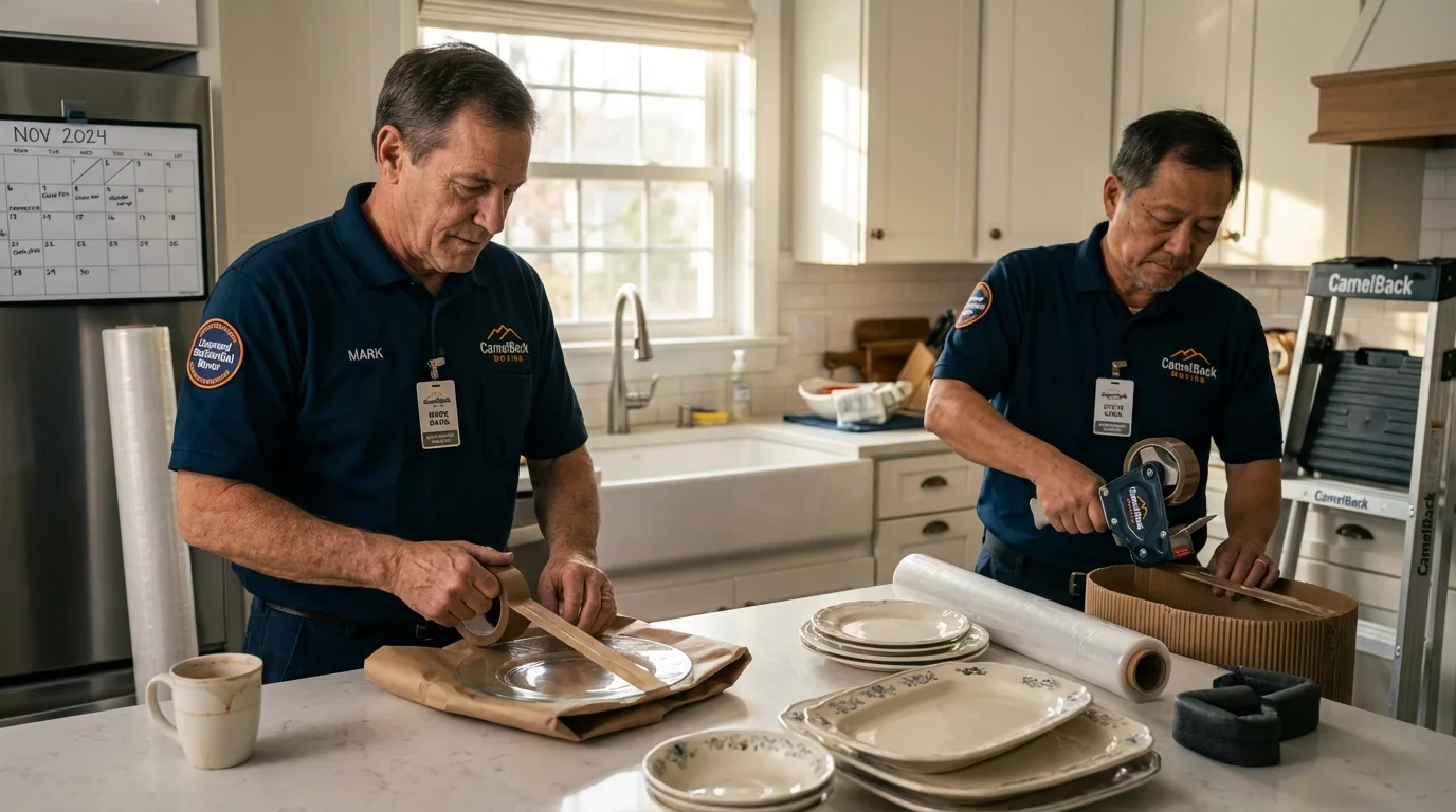 Professional crew packing kitchen dishware in La Quinta, CA